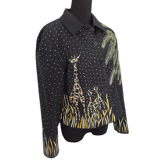 Vintage 80s Beaded Jacket Giraffe Embellished Safari 100% Cotton Button Front M - Picture 2 of 11